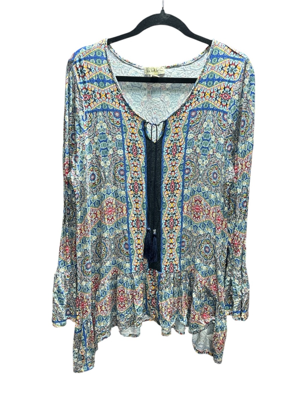 Live and Let Live blue & multi coloured long sleeve top with a boho vibe Size XL